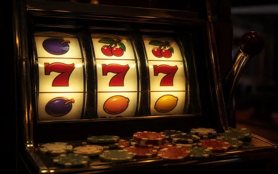 Illustration: lit slot machine reels at the moment of a win, casino chips on the ledge below