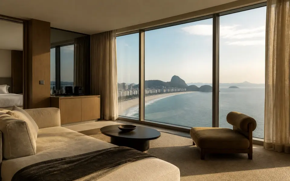 Illustration: a high-floor hotel suite with a wall of glass over the beach in morning light