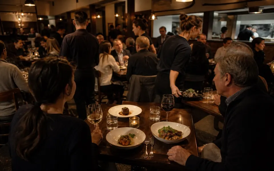 Illustration: a full restaurant dining room during a set-menu dinner service